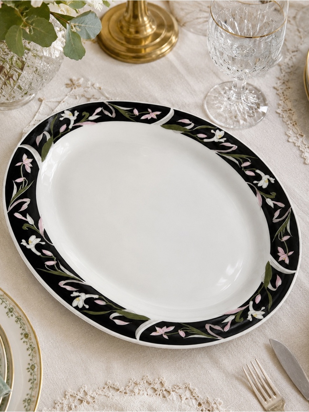 Vintage TRISA Fine China 1756 Oval Serving Platter 14.5”x10.5” Black Pink Floral